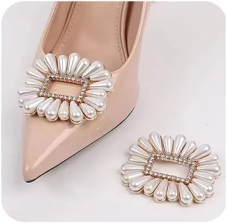 1 Pair Square Pearl Wedding Shoe Clips on Flat Shoes Heel Anklet Shoe Sparkly Crystal Shoe Buckle for Bride Party Prom Wedding
