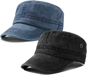 2 Pack Men's Cotton Military Caps Cadet Army Caps Vintage Flat Top Cap