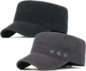 2 Pack Men's Cotton Military Caps Cadet Army Caps Vintage Flat Top Cap