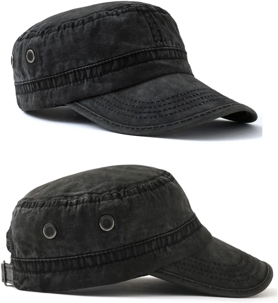 2 Pack Men's Cotton Military Caps Cadet Army Caps Vintage Flat Top Cap