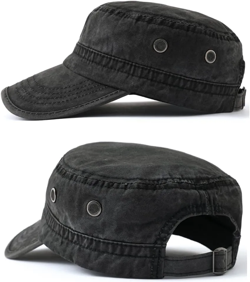 2 Pack Men's Cotton Military Caps Cadet Army Caps Vintage Flat Top Cap