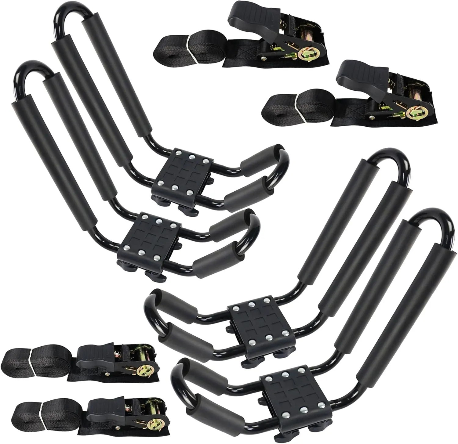 2 Pairs Kayak Rack J-Bar Car Roof Rack for Canoe Carrier SUP Paddle Surfboard Mount on Car SUV and Truck Crossbar, Includes 4 Pcs Roof Rack Tie Down Straps.