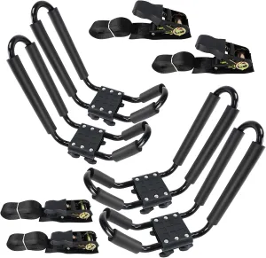 2 Pairs Kayak Rack J-Bar Car Roof Rack for Canoe Carrier SUP Paddle Surfboard Mount on Car SUV and Truck Crossbar, Includes 4 Pcs Roof Rack Tie Down Straps.