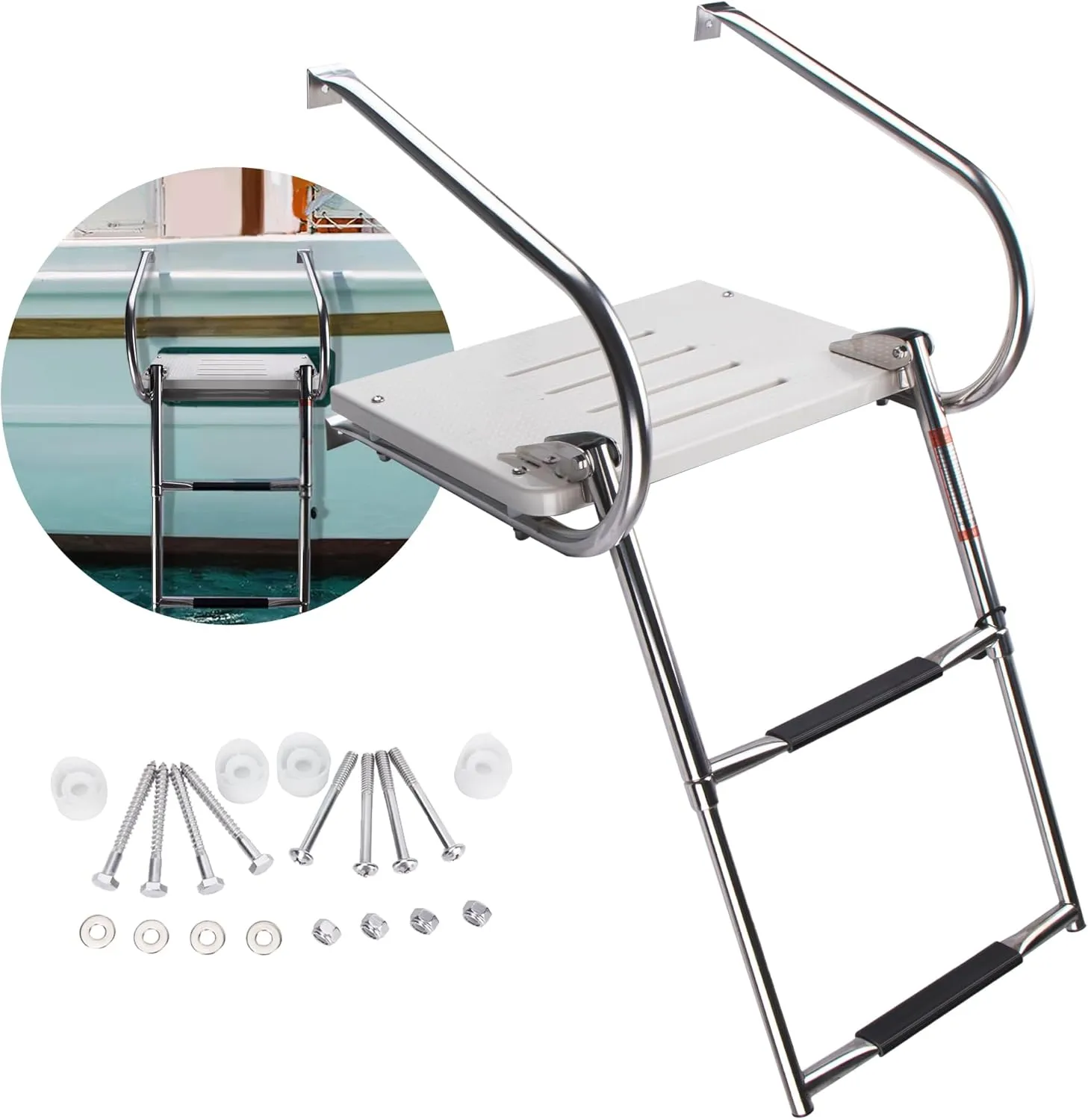 2-Step Boat Ladder with Swim Platform,Stainless Steel Dock Ladder with ABS Swim Platform 2 Handrails,500LBS Telescopic Boarding Ladder Dive Ladder for Pontoon Yacht