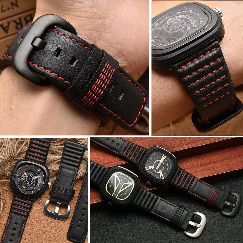 28mm Men's Genuine Leather Watch Band Compatible with Seven Friday M1 M2 P3 SF Calfskin Black Watch Straps with Heavy Duty Metal Buckle Watch Accessories