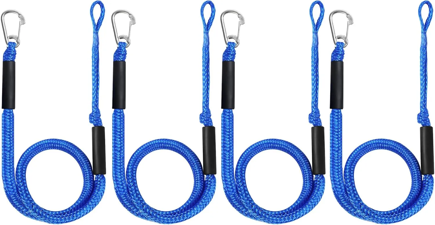 4 FT Dock Ropes with Stainless Steel Clip to Tie Up Boat to Dock Pack of 4 Blue