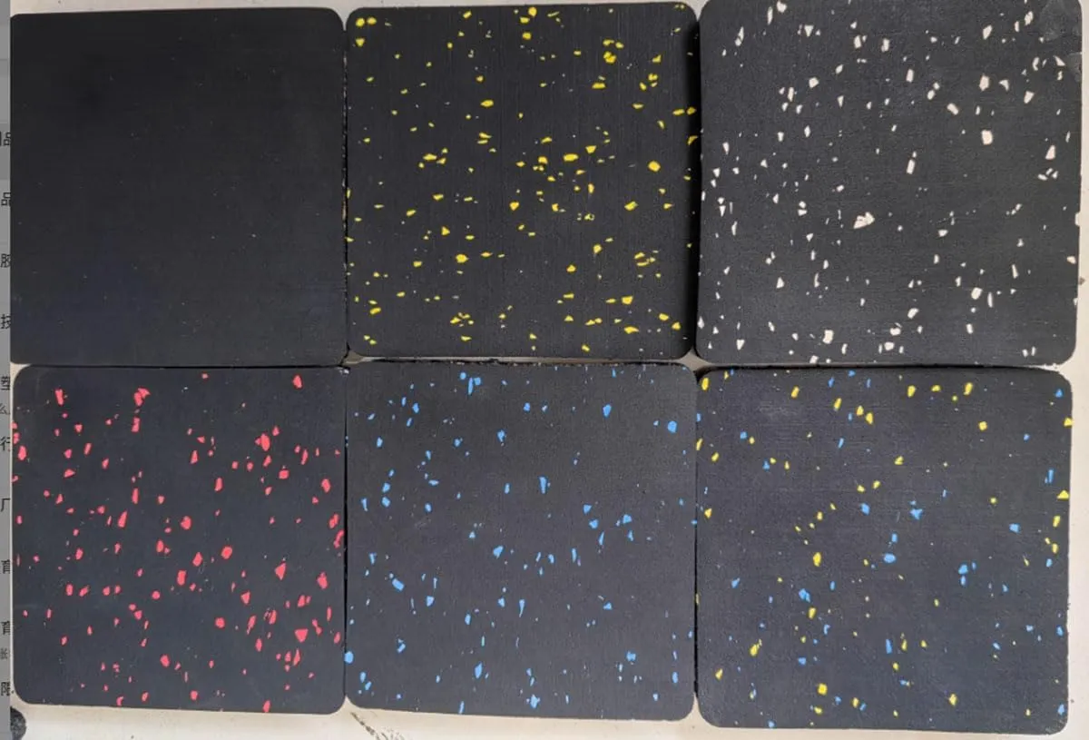 4-Pack 1" Thick Interlocking Rubber Gym Floor Tiles w/Floor Fixing Buckles - 20"x20" High-Density Shock Absorbent Deadlift Mats, Anti-Vibration, Anti-Slip, Blue Speckles (Yellow Spots, 1)