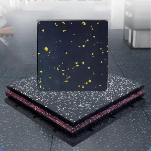 4-Pack 1" Thick Interlocking Rubber Gym Floor Tiles w/Floor Fixing Buckles - 20"x20" High-Density Shock Absorbent Deadlift Mats, Anti-Vibration, Anti-Slip, Blue Speckles (Yellow Spots, 1)