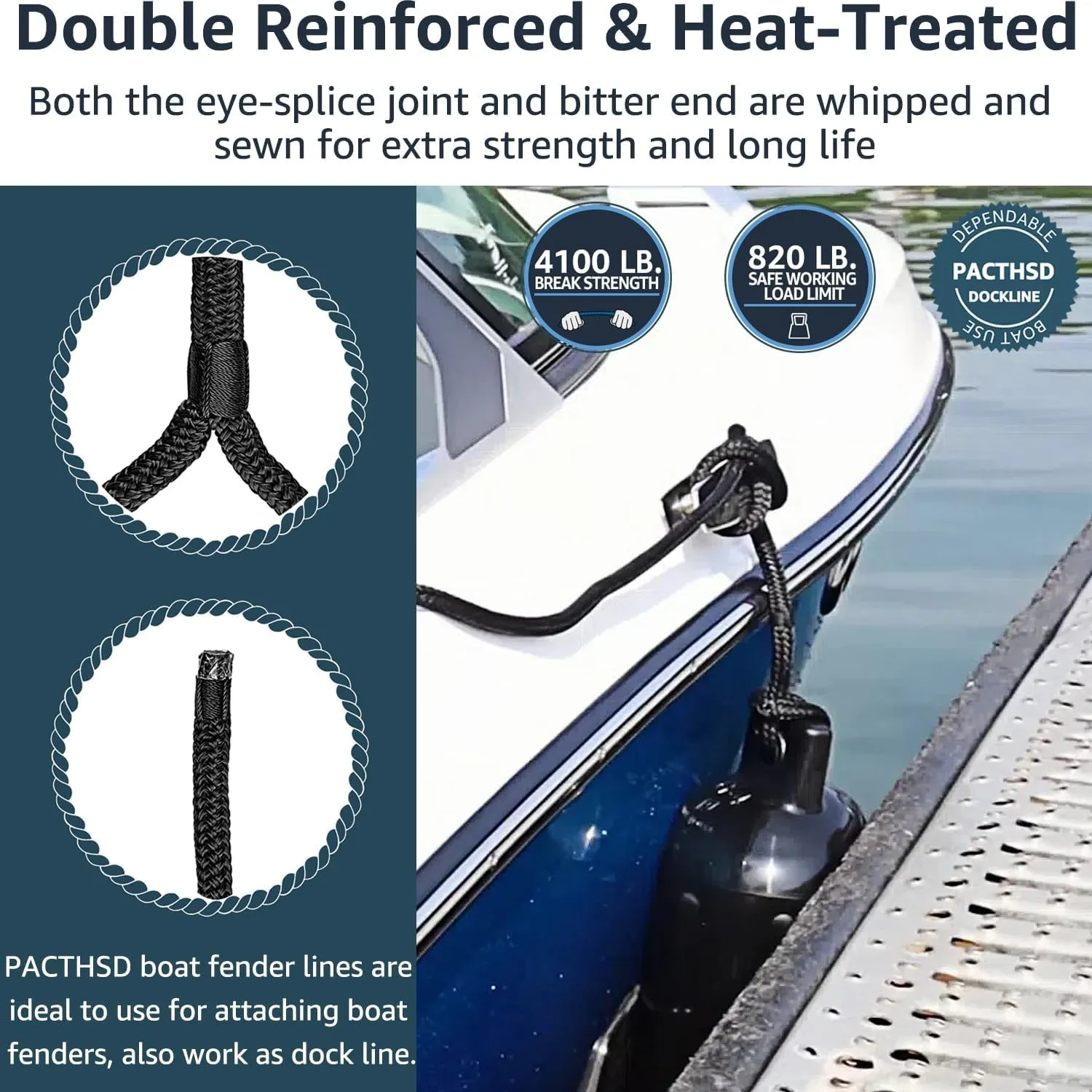 4 Pack 3/8 Inch x 10 ft Boat Fender Lines - Marine Grade Nylon Boat Rope with 5" Loop for Tying Fenders and Docking - Double Braided Dock Lines, Easy Handling, Fray Resistant, Black