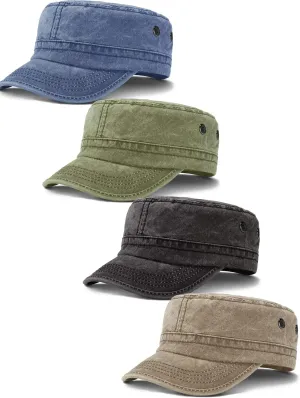 4 Pieces Cadet Caps Army Military Hats Washed Cotton Flat Top Hats Military Style Patrol Hat Adjustable Veteran Cap for Men