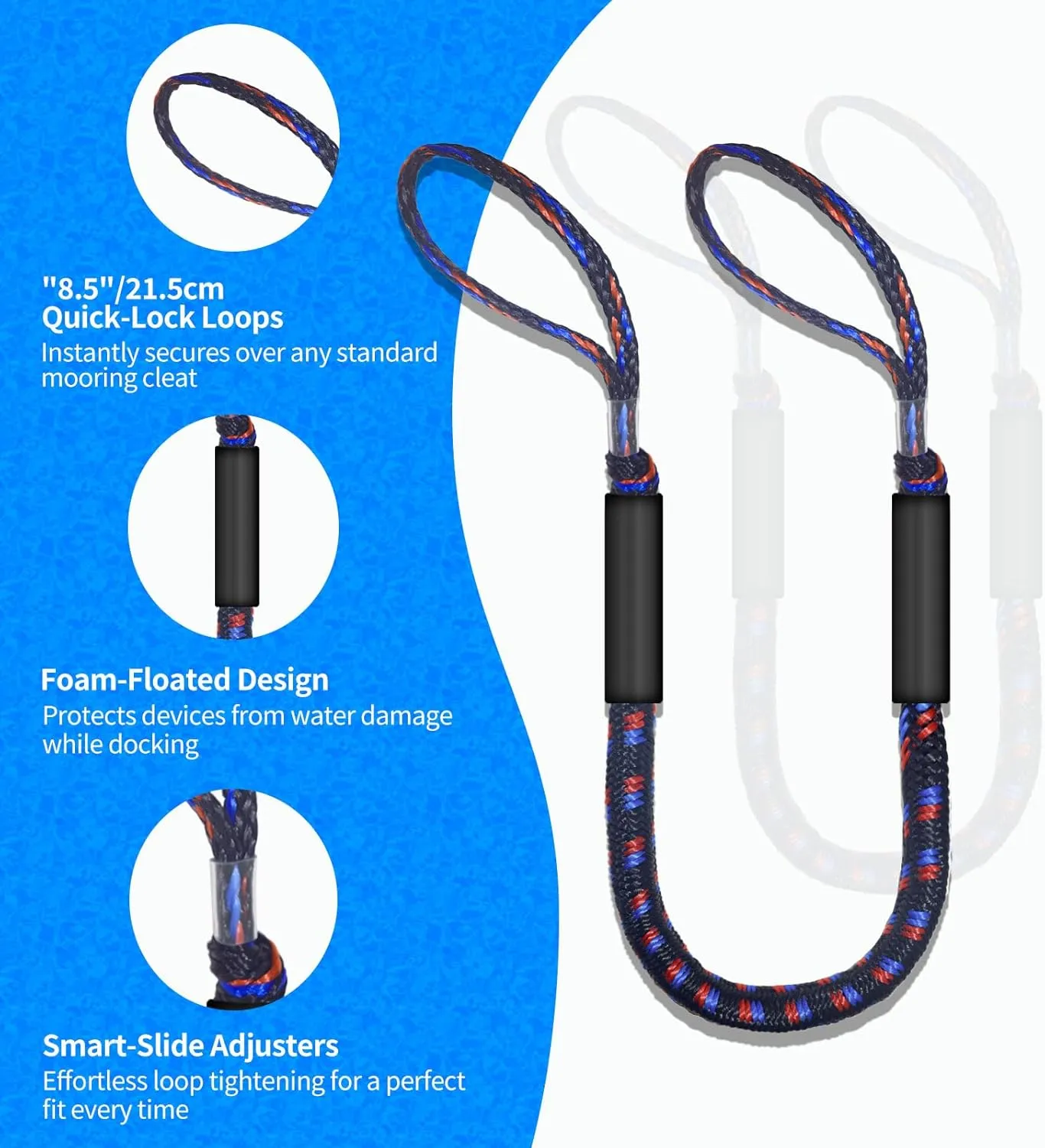 4FT Bungee Dock Line for Boats – Shock-Absorbing Elastic Rope with Quick-Release Loops – Secure Docking for Bass Boat, PWC, Canoe (Black, red & Blue)