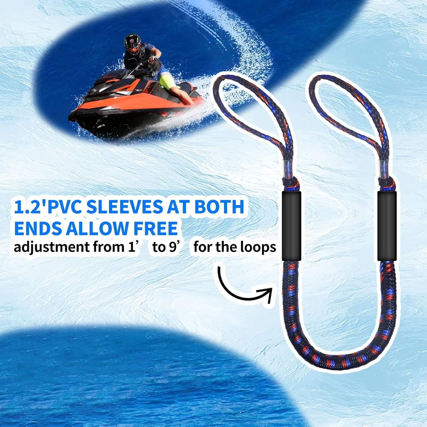4FT Bungee Dock Line for Boats – Shock-Absorbing Elastic Rope with Quick-Release Loops – Secure Docking for Bass Boat, PWC, Canoe (Black, red & Blue)