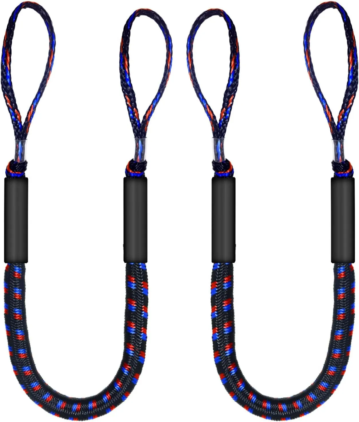 4FT Bungee Dock Line for Boats – Shock-Absorbing Elastic Rope with Quick-Release Loops – Secure Docking for Bass Boat, PWC, Canoe (Black, red & Blue)