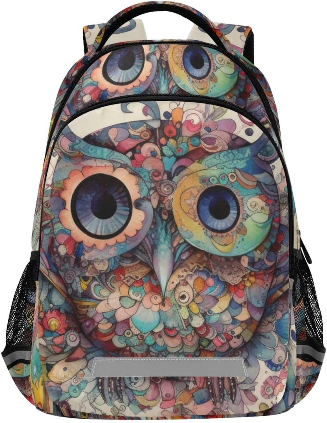 Abstract Colorful Owl Kids Backpack for Boys Girls, Large Capacity Travel Backpack with Reflective Stripes for School Hiking 11.6 × 6.9 × 16.7 INCH