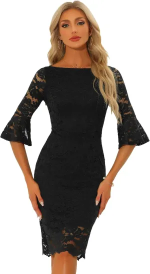 Allegra K Lace Sheath Dress for Women's Boat Neck Bell Sleeve Vintage Cocktail Dress