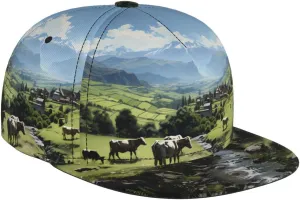 Alpine Farm Cows Outdoor Sports Baseball Cap, Daily Sports Adjustable Fashionable Flat Brim hat, Unisex Four-Season Outdoor Sports Cap, Black