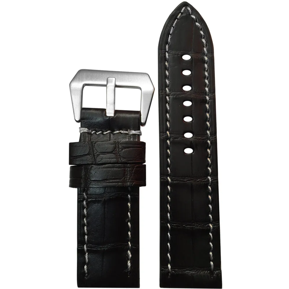 American Alligator Skin Watch Band | Flat | Glossy Black | White Stitch