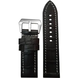 American Alligator Skin Watch Band | Flat | Glossy Black | White Stitch