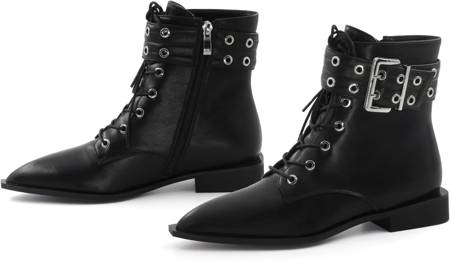 Ankle Boots for Women Eyelet Buckle Boots Pointed Toe Chunky Low Heel Boots Fashion Dress Short Boots with Zips