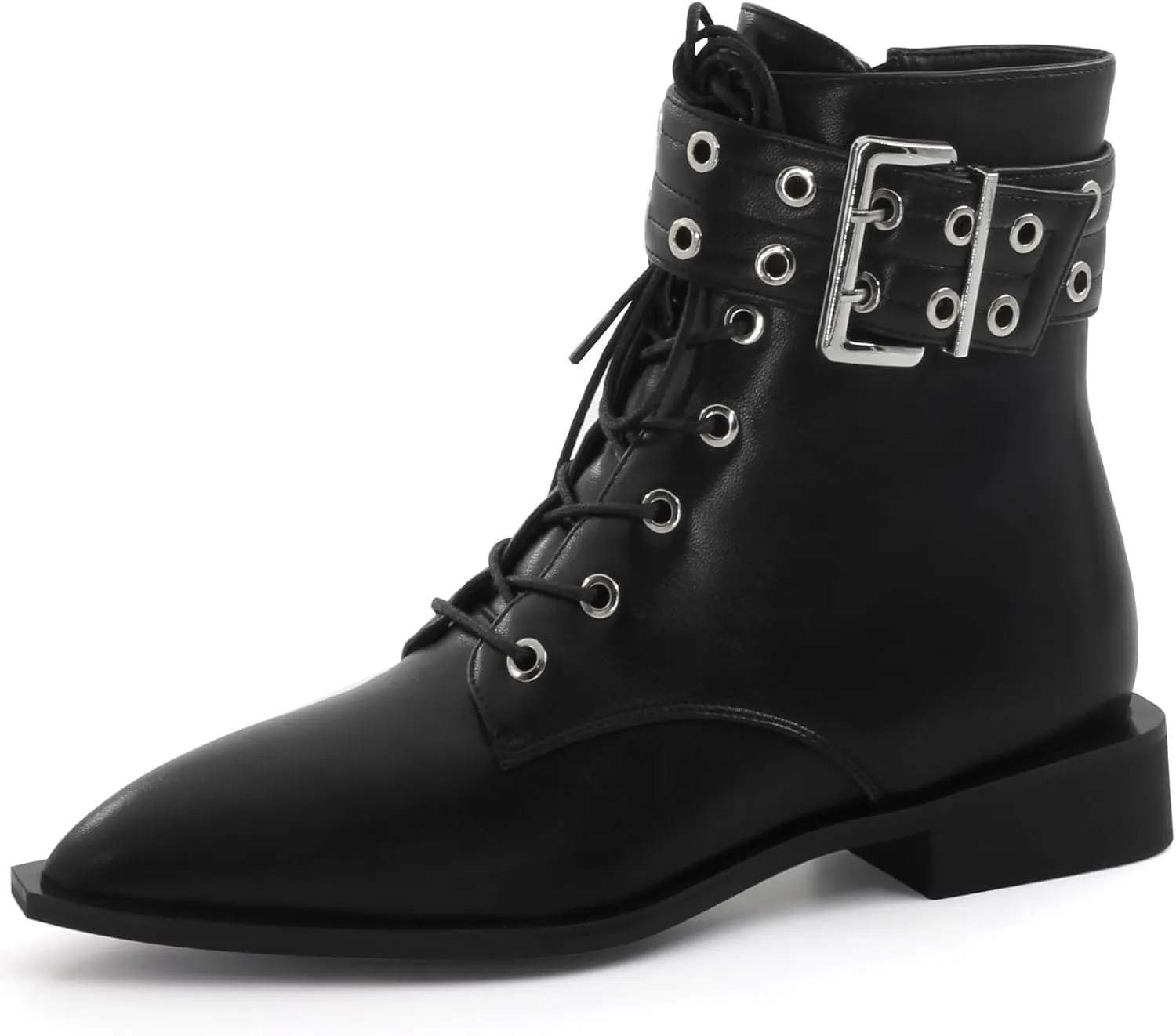 Ankle Boots for Women Eyelet Buckle Boots Pointed Toe Chunky Low Heel Boots Fashion Dress Short Boots with Zips