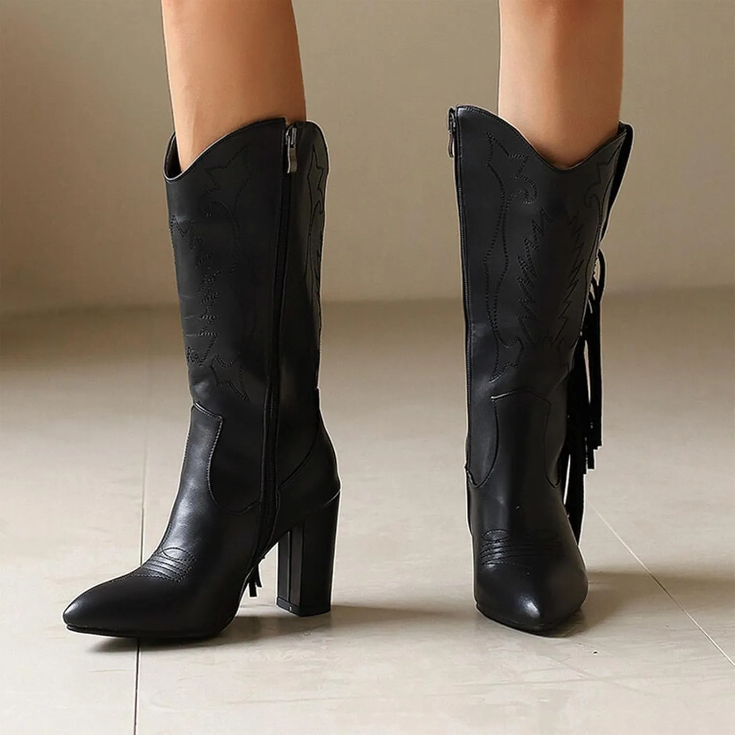 Ankle Boots, Women's Mid Calf Boots Pointed Side Zipper Thick Heel Tassel High Heel Boots Patent Leather Loose Personality Fashion Catwalk Boots