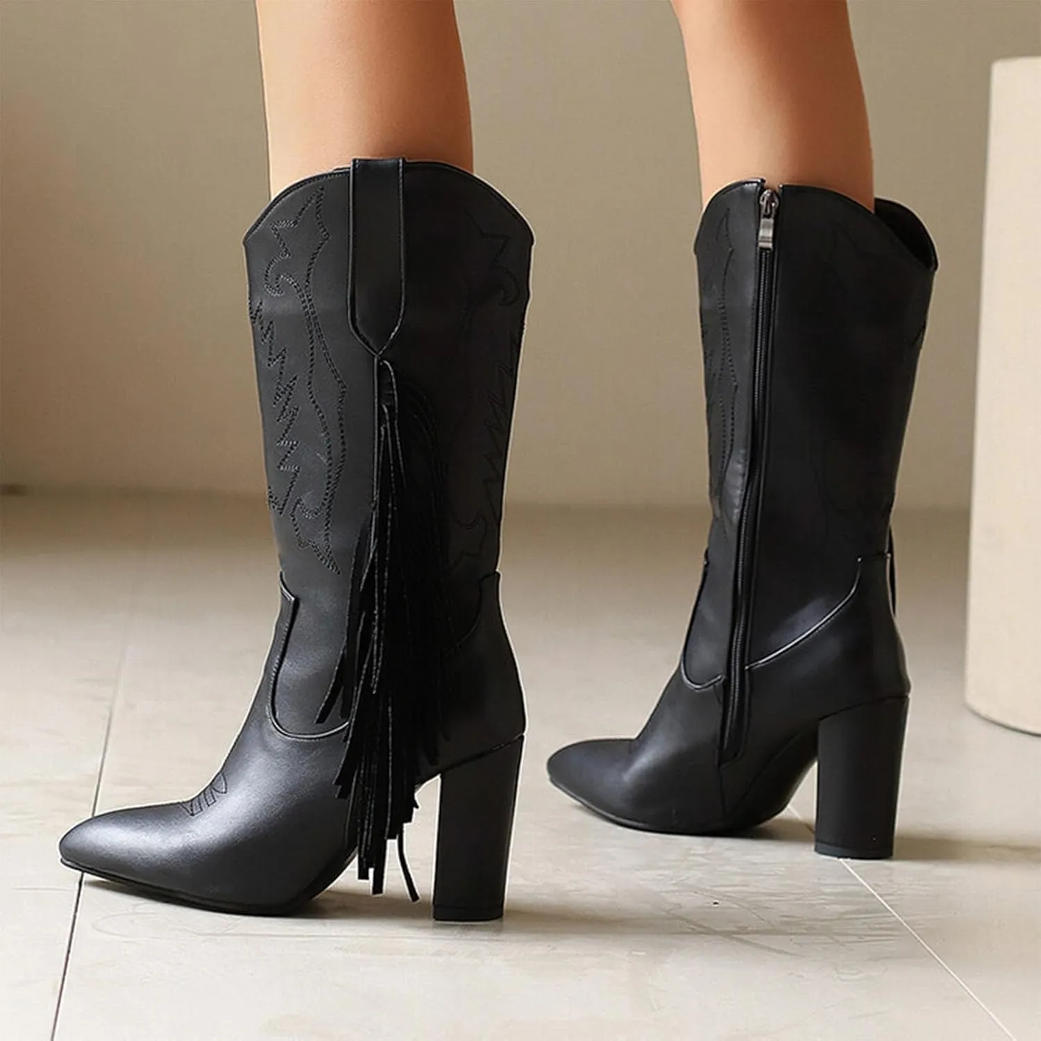 Ankle Boots, Women's Mid Calf Boots Pointed Side Zipper Thick Heel Tassel High Heel Boots Patent Leather Loose Personality Fashion Catwalk Boots
