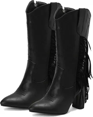 Ankle Boots, Women's Mid Calf Boots Pointed Side Zipper Thick Heel Tassel High Heel Boots Patent Leather Loose Personality Fashion Catwalk Boots