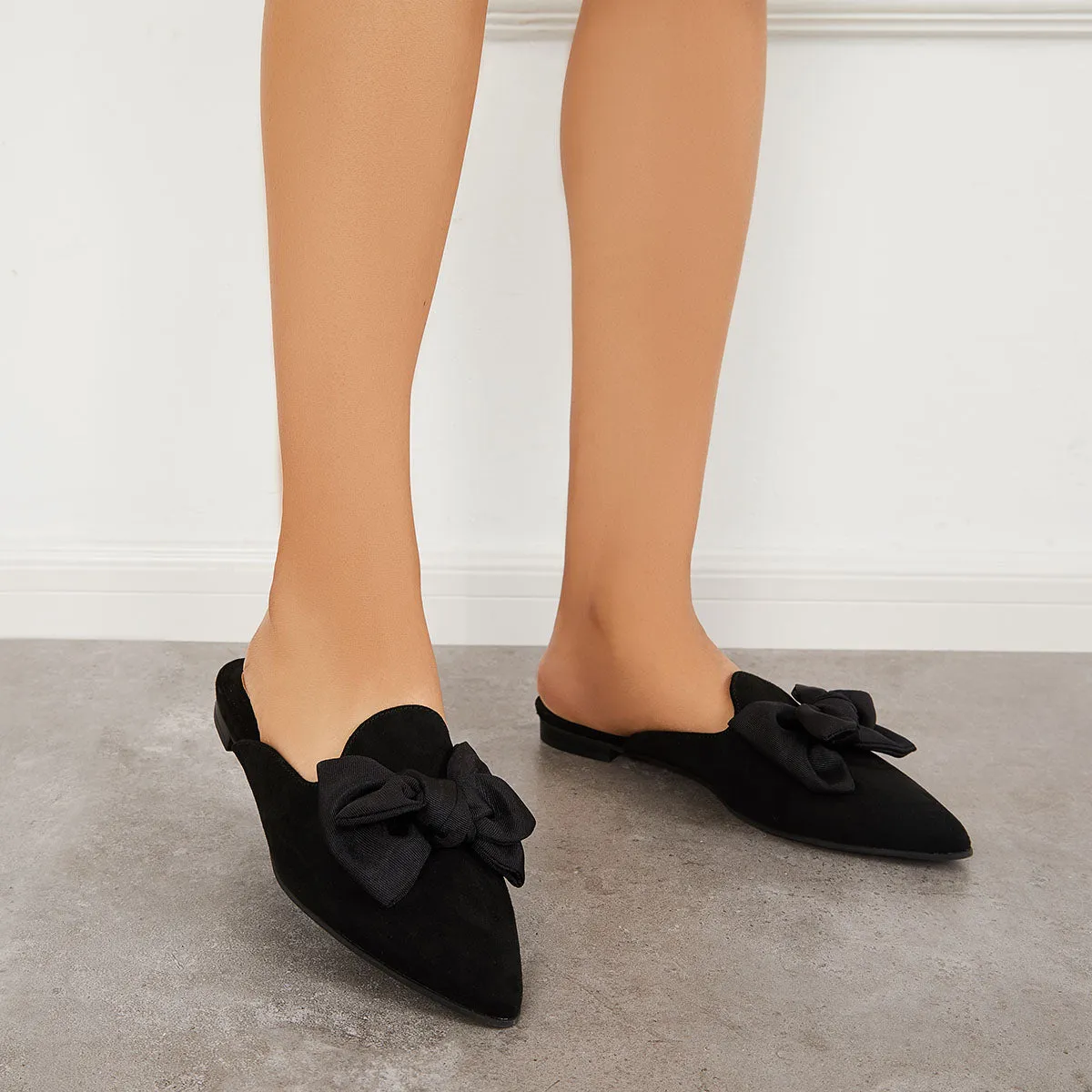 Backless Mules on Toe Bowtie Festive offer Slip Pointed Sustainable Flat Loafers