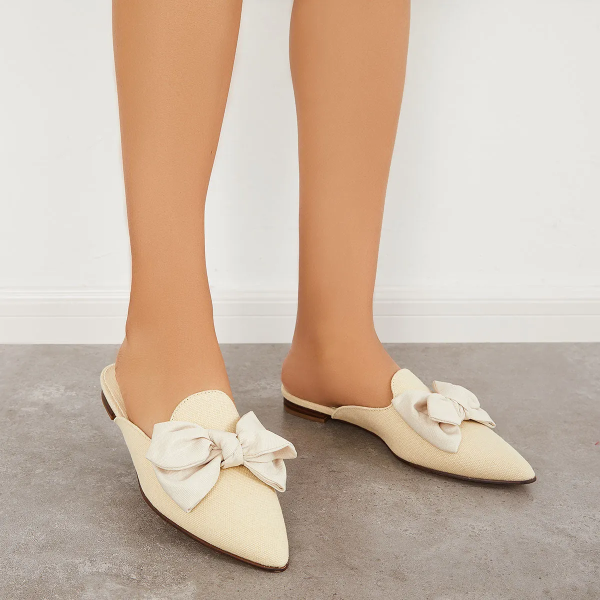 Backless Mules on Toe Bowtie Festive offer Slip Pointed Sustainable Flat Loafers