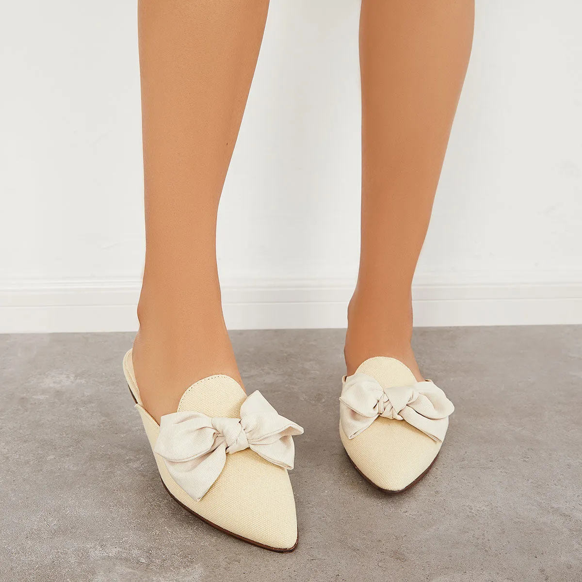 Backless Mules on Toe Bowtie Festive offer Slip Pointed Sustainable Flat Loafers