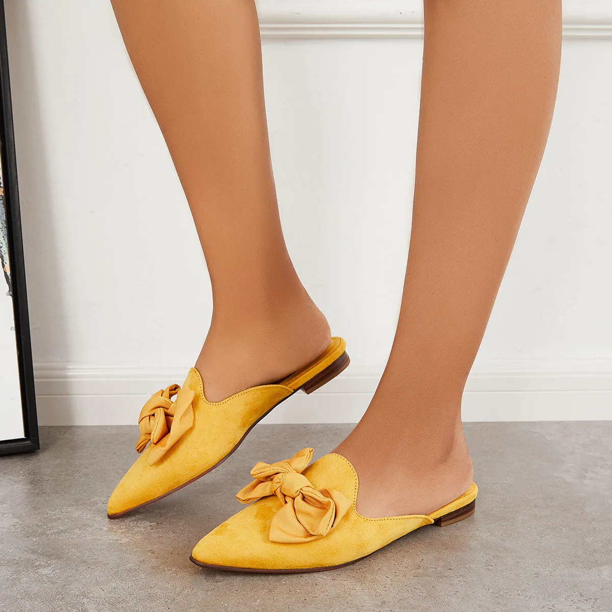 Backless Mules on Toe Bowtie Festive offer Slip Pointed Sustainable Flat Loafers