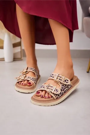 BEIGE ANIMAL PRINT DOUBLE BUCKLE SLIDERS FLAT SUMMER SANDALS