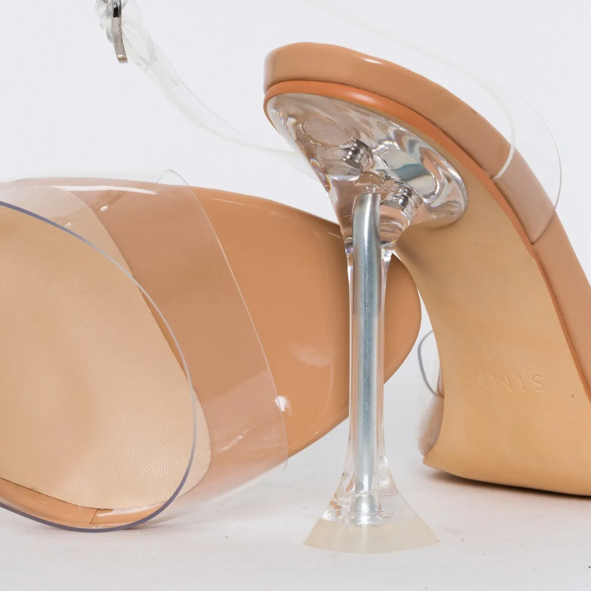 Belle Nude Patent Clear Slingback Mule Heels