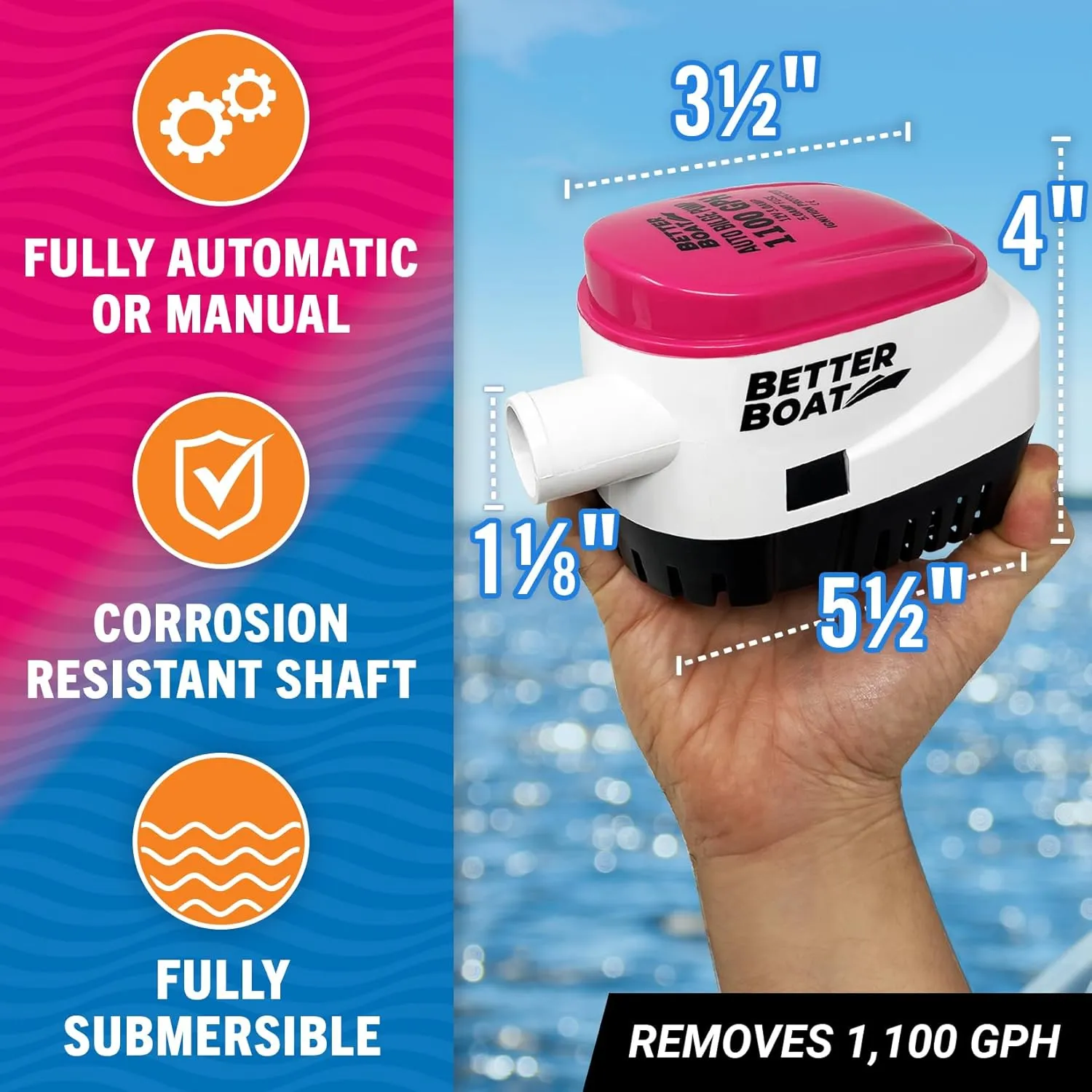 Better Boat Automatic Bilge Pump, 1100 GPH 12V Submersible Pump with Built-In Float Switch, 1 1/8 Inch Outlet, Compatible with Bass Boats, Jon Boats, and More