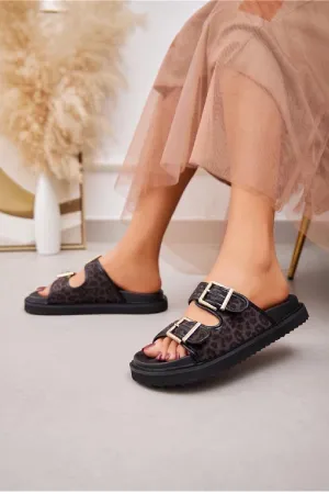BLACK ANIMAL PRINT DOUBLE BUCKLE SLIDERS FLAT SUMMER SANDALS