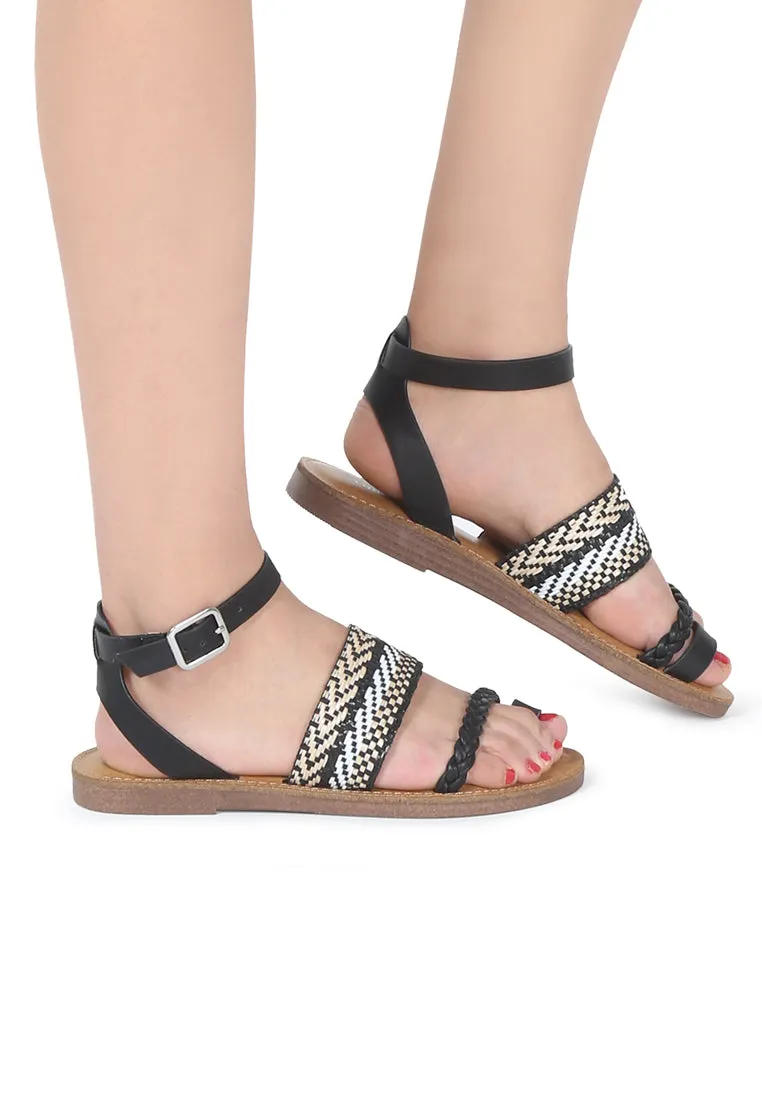 Black Florence Ankle Strap Flat Sandals
