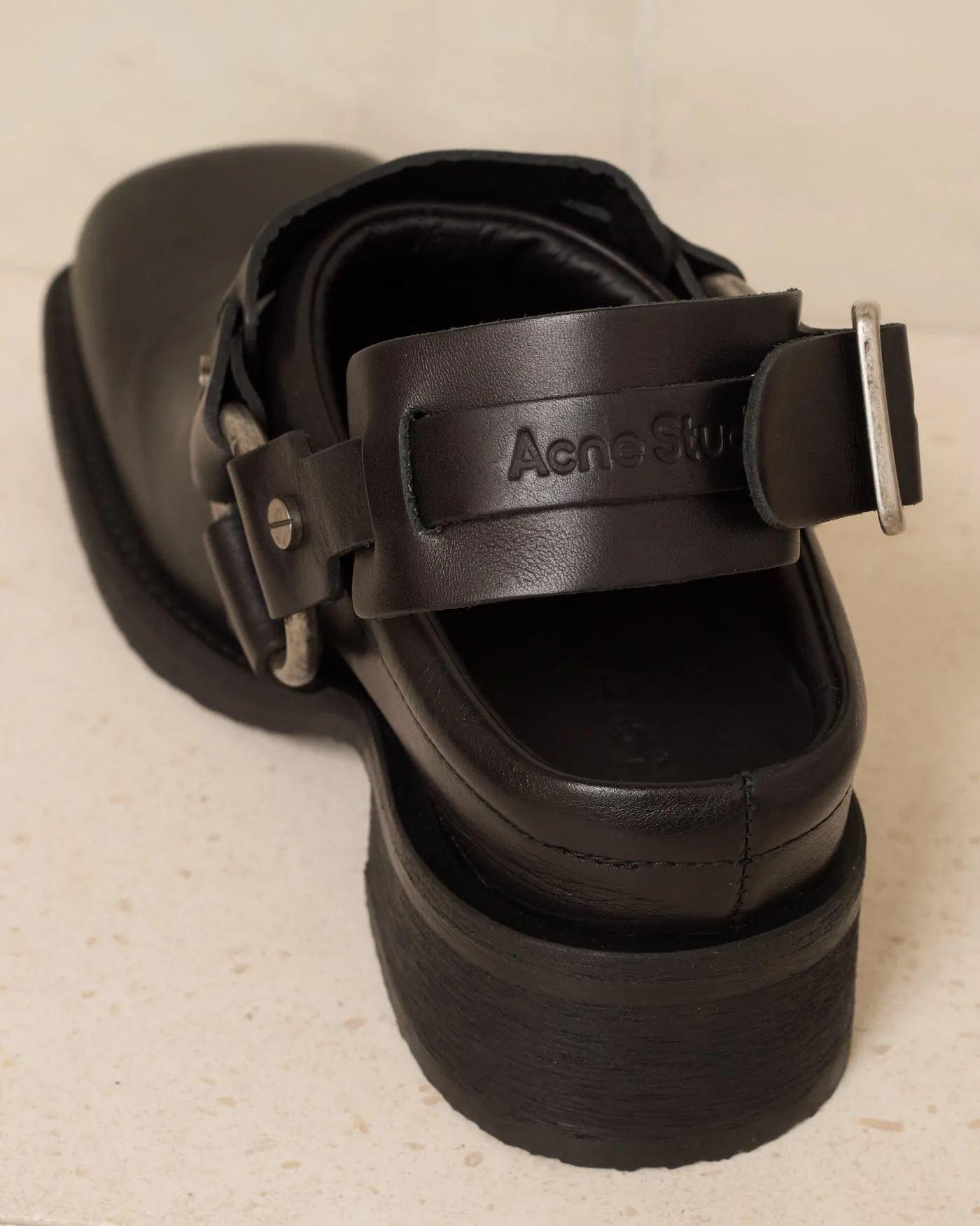Black Leather Buckle Mule