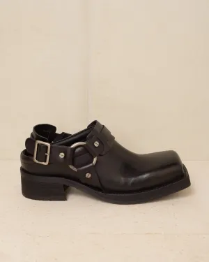 Black Leather Buckle Mule