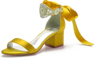 Block Heels Bride Wedding Pumps Bowknot Strap Bride Pumps Bridal Shoes Beaded Ankle Satin Sandals Open Toe Dress Evening Comfortable,Yellow,8.5