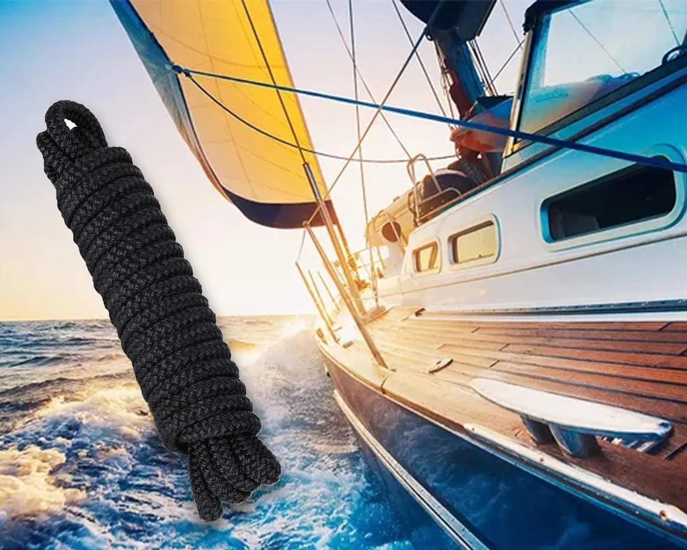 Boat Ropes for Docking, 3/8 Inch Series Double Braided Nylon Dock Lines with 12 Inch Loop, 2 Pack Black or Blue