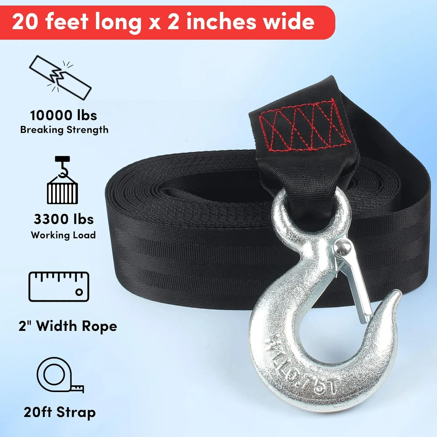 Boat Winch Strap with Hook,Winch Strap for Boat Trailer,Boat Trailer Winch Strap 2 inch x 20 foot, Great for Boat, Truck, Jet Ski and Car Trailers Towing and Heavy Duty Equipment (Choose Color)