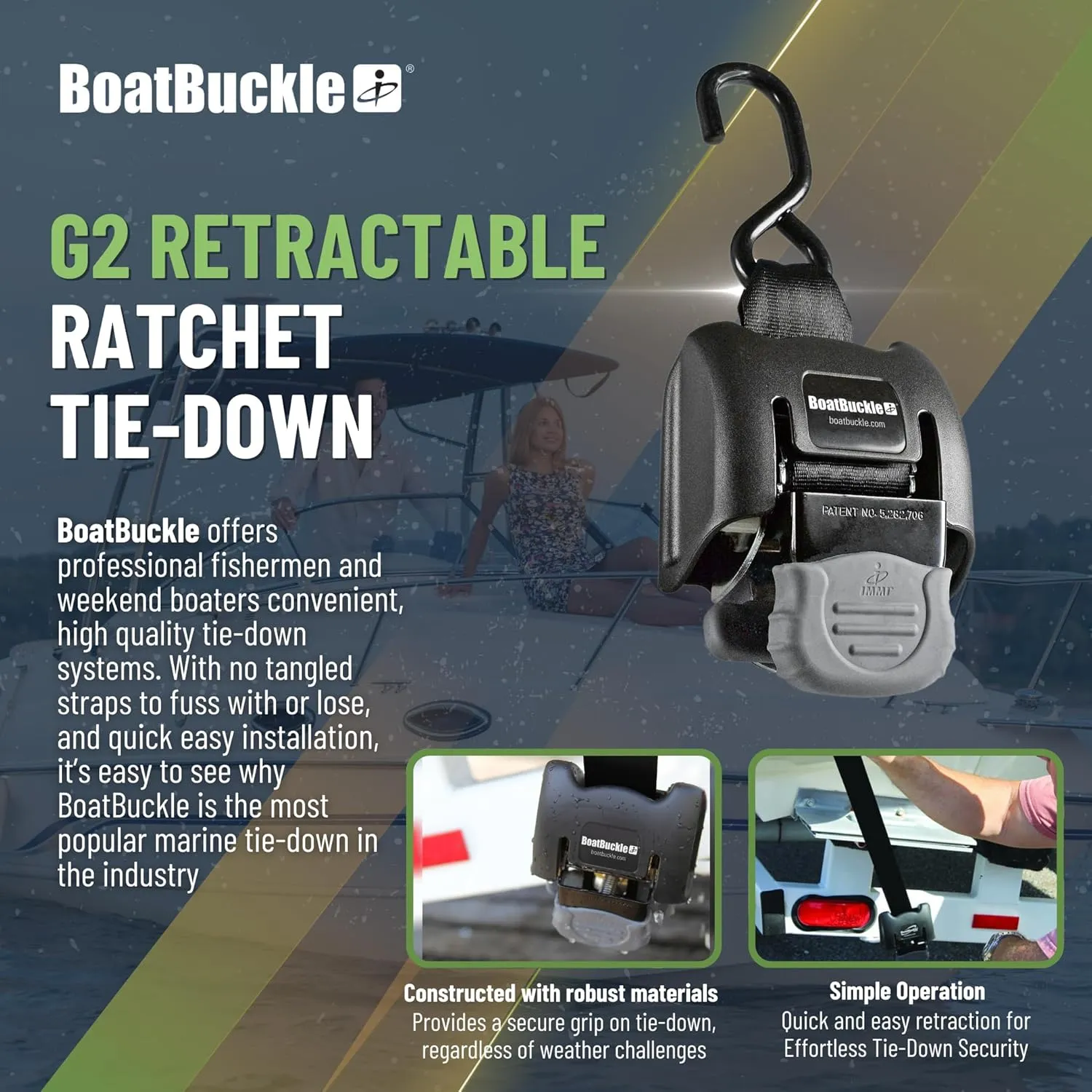 BoatBuckle G2 Transom Boat Tie Down Straps to Trailer 2x43-Inch, 2500lbs Break Strength, Bolt On Retractable Ratchet Straps Heavy Duty, 2-Pack