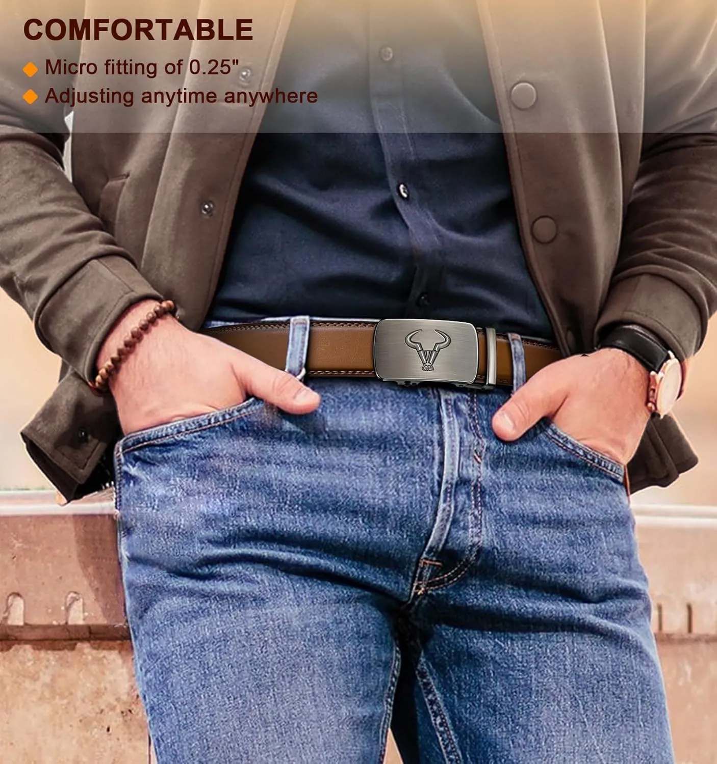 BULLIANT Men belt 2Pack,Leather Ratchet Belt for Gift Men Dress Casual Jeans 1 3/8",Cut for Fit