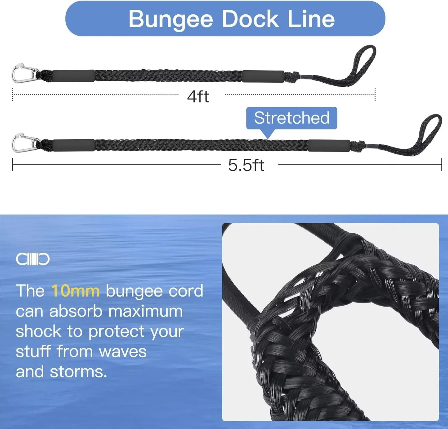 Bungee Dock Lines Boat Ropes,Boat Dock Line Mooring Rope with Stainless Steel Clip Boat Accessories for Jet Ski,PWC,Kayak,Watercraft,Power Boat,Dinghy 4-5.5ft(Black,2PCS)