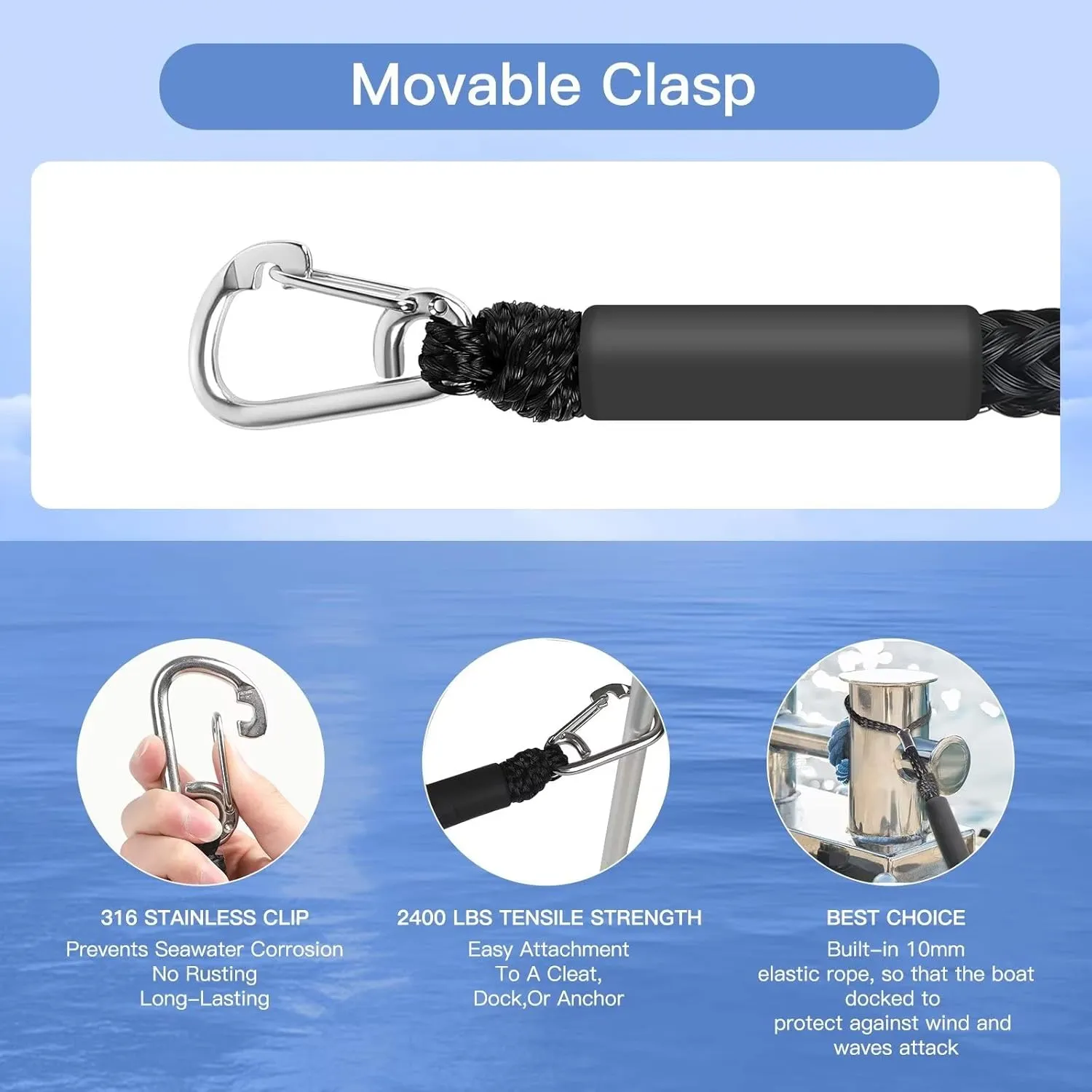 Bungee Dock Lines Boat Ropes,Boat Dock Line Mooring Rope with Stainless Steel Clip Boat Accessories for Jet Ski,PWC,Kayak,Watercraft,Power Boat,Dinghy 4-5.5ft(Black,2PCS)