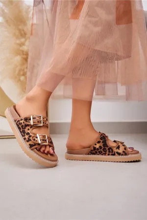 CAMEL ANIMAL PRINT DOUBLE BUCKLE SLIDERS FLAT SUMMER SANDALS