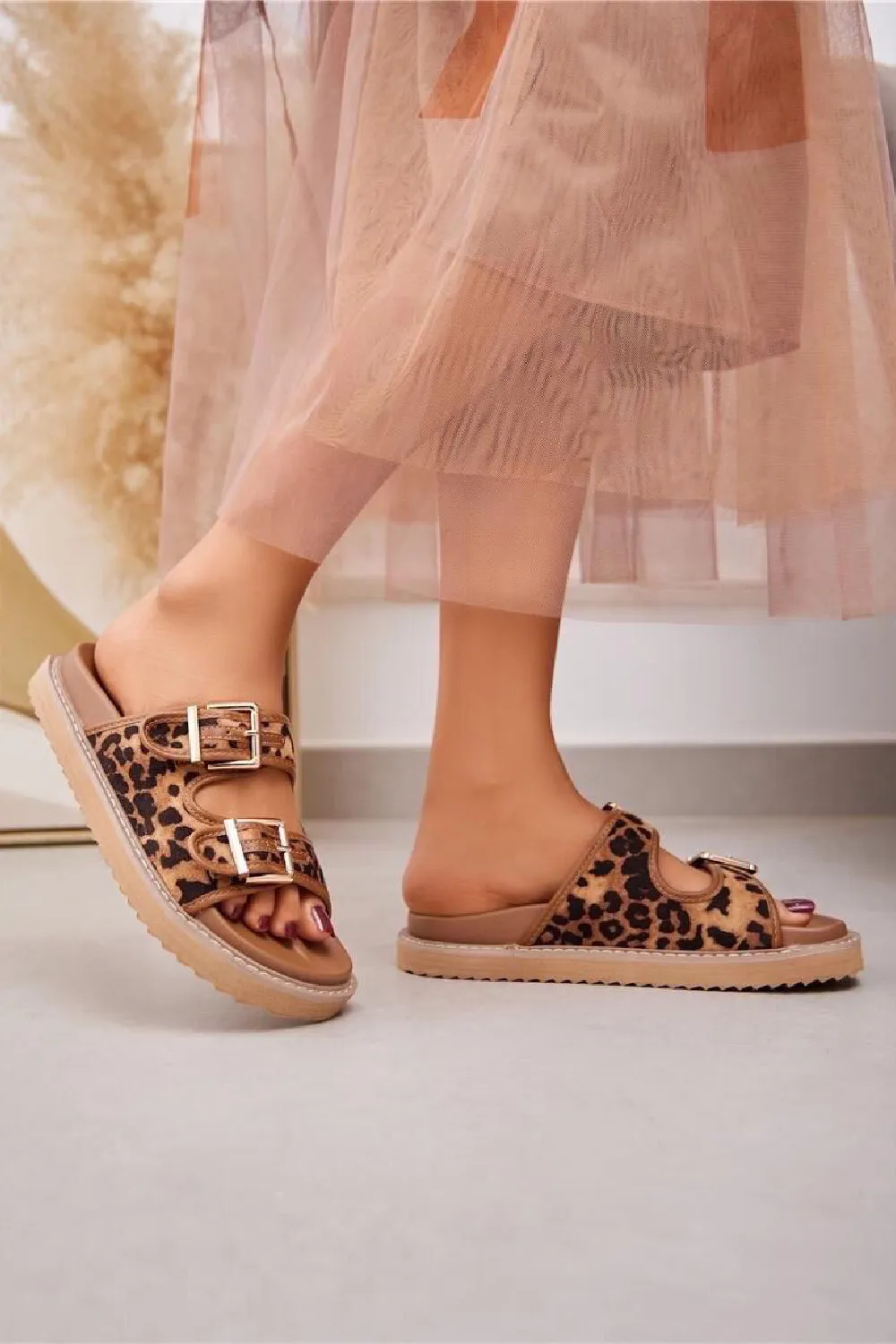 CAMEL ANIMAL PRINT DOUBLE BUCKLE SLIDERS FLAT SUMMER SANDALS