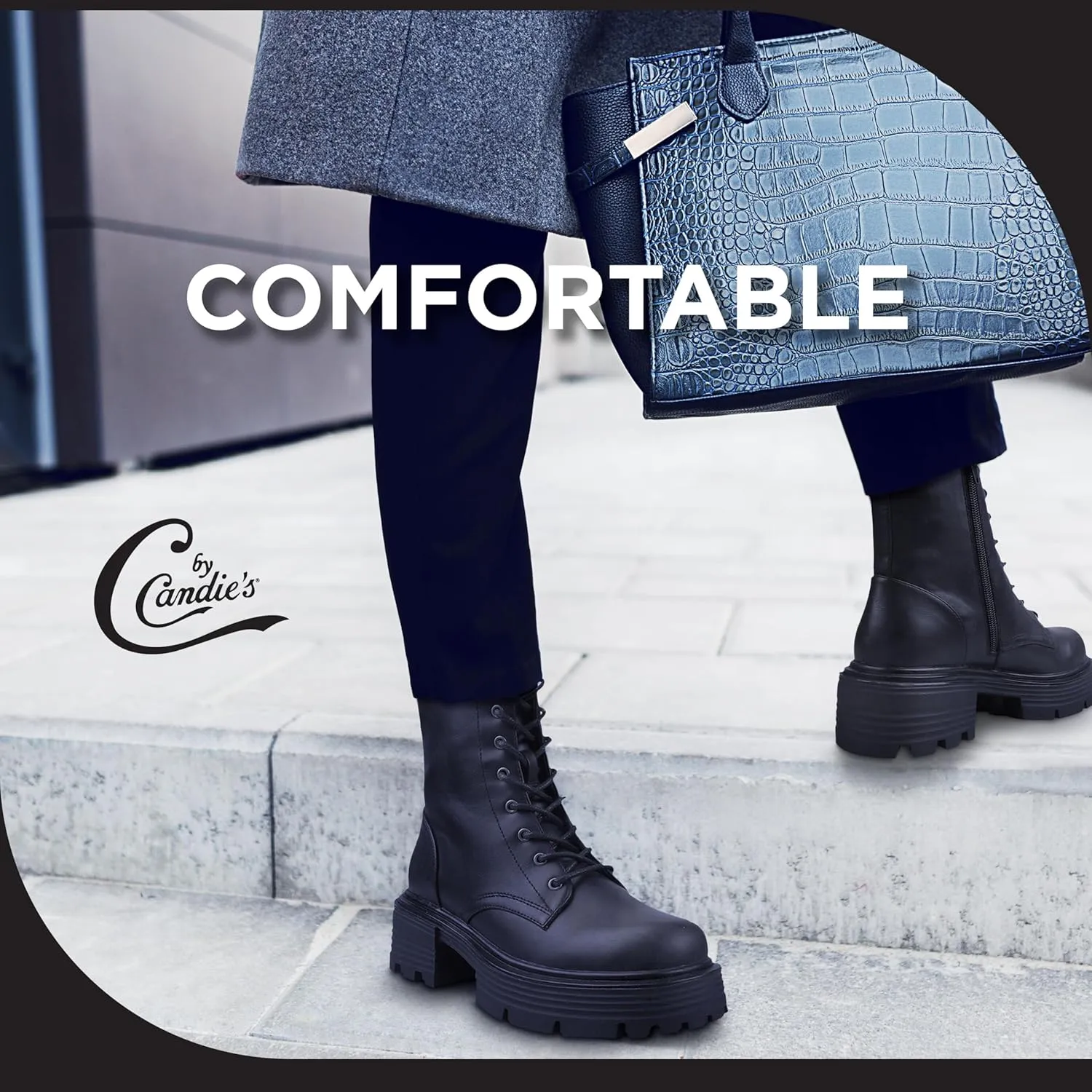 CANDIE'S Regine Lace Up Combat Boots for Women, Mid-Calf Lace Up Boots, Platform Lug Sole Heeled Boots with Side Zip, Chunky Heel Black Boots
