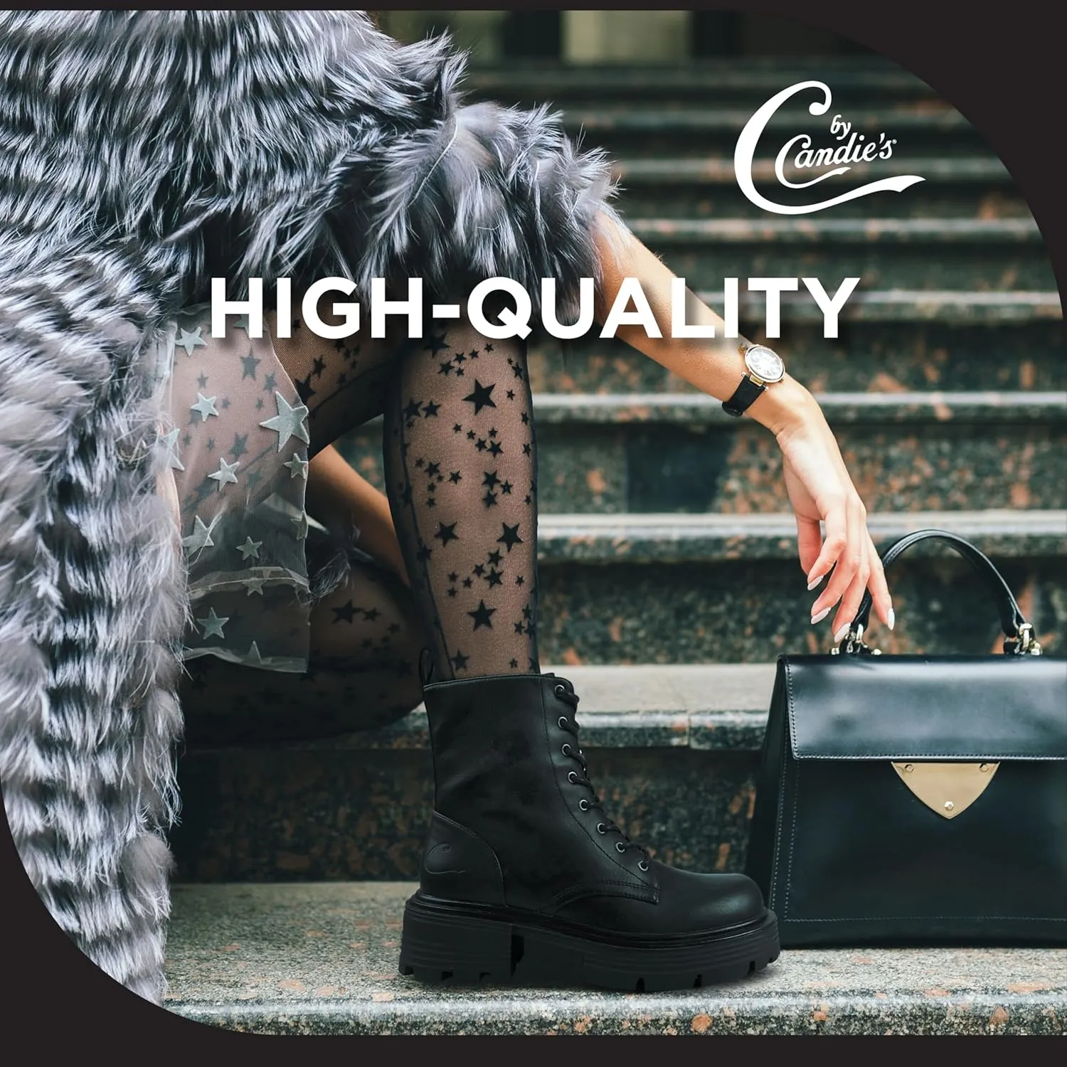 CANDIE'S Regine Lace Up Combat Boots for Women, Mid-Calf Lace Up Boots, Platform Lug Sole Heeled Boots with Side Zip, Chunky Heel Black Boots