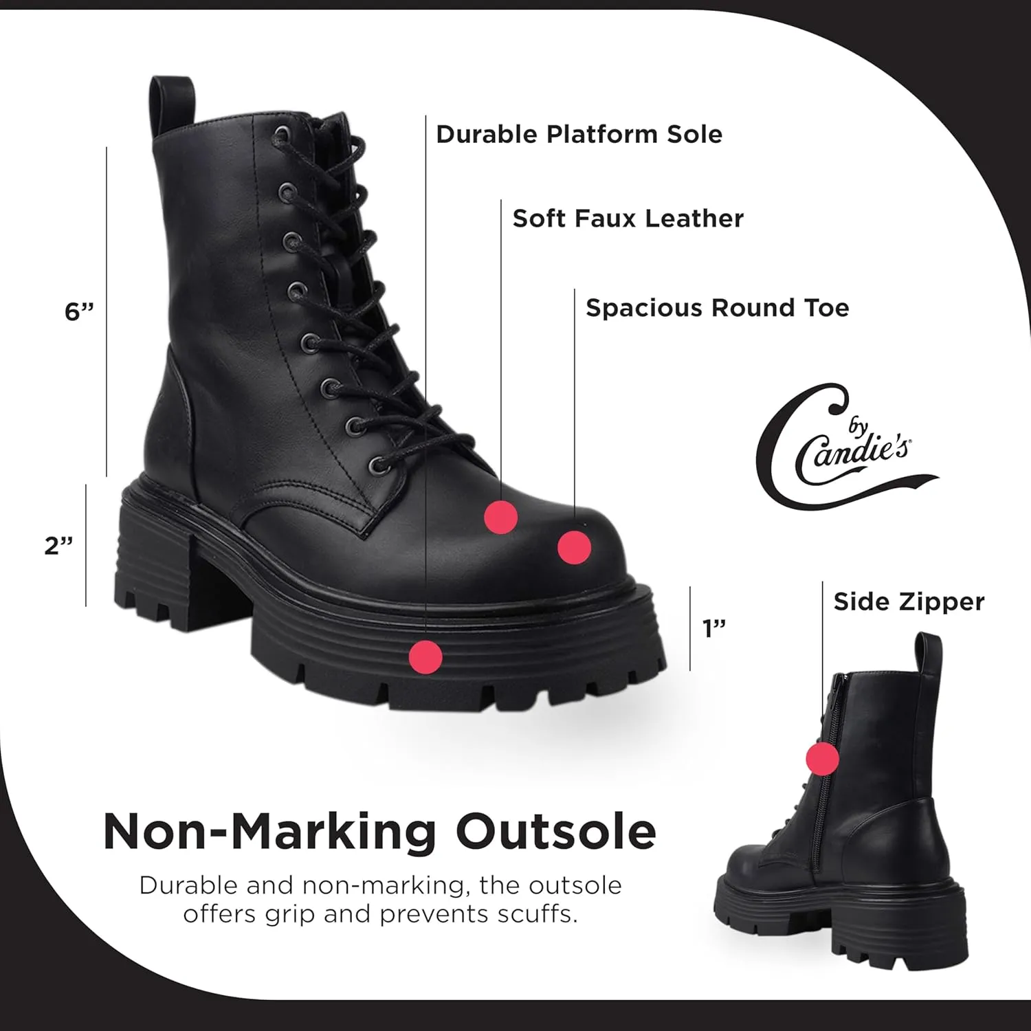 CANDIE'S Regine Lace Up Combat Boots for Women, Mid-Calf Lace Up Boots, Platform Lug Sole Heeled Boots with Side Zip, Chunky Heel Black Boots